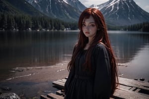 A raw photo of girl, masterpiece, ultra high res, ultra high quality, detailed face, detailed eyes, soft light, 1girl, (a girl standing at beside of the lake. Night. Lake Village background), (close up), (face focus), (red eyes:1.3), (red hair:1.3), (long hair. In ear hair), (Beauitful face. Mad), (vampire dress), (focus on viewer. Front view. From below), dark shoot, muted color, low key, dark tone, ultra high quality, ultra high resolution, detailed background, 8k