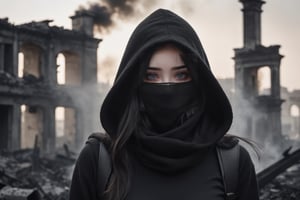 A raw photo of girl, masterpiece, ultra high res, ultra high quality, detailed face, detailed eyes, soft light, 1girl, (black and white photo), (a girl standing at ruins city after war. Smoke. Dark background). (Close up), (black hair:1.3), (long hair. ((Wearing balaclava. balaclava mask)), (Crying. Tears. Sadness), (hooded Pants), (focus on viewer. Front view. From below), dark shoot, muted color, low key, dark tone, ultra high quality, ultra high resolution, detailed background, 8k,More Detail