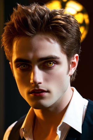 Masterpiece, high quality, ultra high res, detailed face, detailed eyes, (Edward Cullen), a Vampire male, 24 year old, (upper body:1.2), face focus, (gold eyes:1.3), (very pale skin), handsome, comma hair, stylish guy, very handsome, vampire costume, small cute fangs, open mouth looking at viewer, standing at dark room indoor, focus on viewer, front view, from below