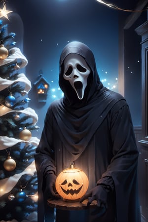 A guy standing at house, Christmas tree, Christmas decoration, ghost face mask, ghost face costume, glitter costume, (upper body:1.3), (head tilted), Blue lights, focus on viewer, front view, masterpiece, ultra high quality, ultra high resolution, detailed background, muted color, luts, low key, dark tone,ghostface mask,HellAI,3d style