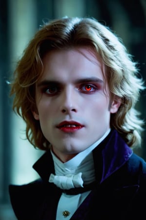 Masterpiece, high quality, ultra high res, detailed face, detailed eyes, (Lestat de Lioncourt), a Vampire male, 24 year old, upper body, face focus, (white eyes:1.3), pale skin, handsome, comma hair, stylish guy, very handsome, black outfit, small cute fangs, open mouth, bloods at mouth, blood melts, bloods at neck, sitting at chair at dark castle indoor, focus on viewer, front view,