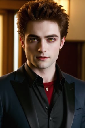 Masterpiece, high quality, ultra high res, detailed face, detailed eyes, (Edward Cullen), a Vampire male, 24 year old, (upper body:1.3), (gold eyes:1.3), (very pale skin), handsome, comma hair, stylish guy, very handsome, vampire costume, smile, looking at viewer, standing at living room indoor, focus on viewer, front view, from below,photo r3al