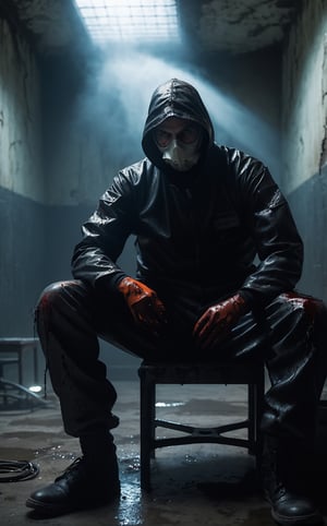 A guy sitting at chair in ruins prison, biohazard ☣️, PPE clothes, full body, bloody outfit, spooky prison , spooky around, masterpiece, ultra high quality, ultra high resolution, ultra realistic, ultra reflection, ultra lightening, detailed background, dramatic lightening, dark tone, low key, 16k