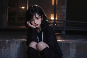 A raw photo of girl, masterpiece, ultra high res, ultra high quality, detailed face, detailed eyes, soft light, 1girl, (a girl sitting alone at power station as background. Dark sky). (close up), (face focus), (black hair:1.3), (short hair. In ear hair), (Beautiful face. Crying. Tears. Sadness), (hoodie. Earphone), (focus on viewer. Front view. From below), dark shoot, muted color, low key, dark tone, ultra high quality, ultra high resolution, detailed background, 8k