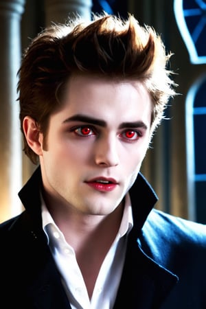 Masterpiece, high quality, ultra high res, detailed face, detailed eyes, Edward Cullen, a Vampire male, 24 year old, (upper body:1.2), face focus, (red eyes:1.3), (very pale skin), handsome, comma hair, stylish guy, very handsome, vampire costume, small cute fangs, open mouth looking at viewer, standing at dark castle indoor, focus on viewer, front view, from below