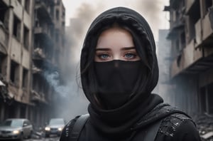 A raw photo of girl, masterpiece, ultra high res, ultra high quality, detailed face, detailed eyes, soft light, 1girl, (black and white photo), (a girl standing at broken modern city after war. Smoke. City as a background. Night). (Upper body:1.3), (black hair:1.3), (long hair. ((Wearing balaclava. balaclava mask)), (Crying. Tears. Sadness), (hooded), (focus on viewer. Side view. From below), detailed background, dark shoot, muted color, low key, dark tone, ultra high quality, ultra high resolution, detailed background, 8k,More Detail,more detail XL