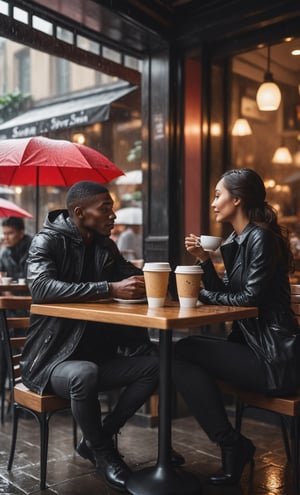 A guy sitting at chair in caffe shop with woman too, black spiderman, Upper body, coffee at table, rose flower at table, rainy day, people around, focus on viewer, front view, from below, photo real, ultra detailed, masterpiece, ultra high quality, ultra high resolution, ultra realistic, ultra reflection, ultra lighting, detailed background, dramatic lighting, low key, dark tone