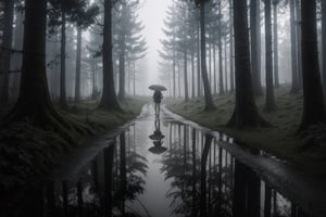 Masterpiece, ultra high res, ultra high quality, from below, a girl walking at quiet road around the forest, from behind, rainy day, fog, ultra detailed, dramatic lighting, ultra realistic, ultra reflection, ultra detailed, aesthetic, low key, dark tone, 8k