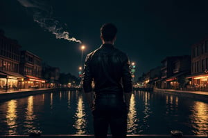 (masterpiece), best quality, high resolution, highly detailed, detailed background, perfect lighting, vivid colors, 1male, a guy standing around water city as landscape, holding an fence, cigarette, smoking, realistic water reflection, night, midnight vibes, upper body, up close, from behind, More Detail, low key, dark tone