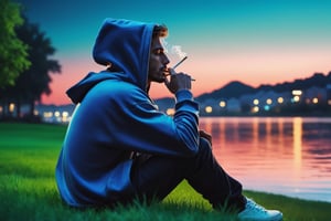 (masterpiece), best quality, high resolution, highly detailed, detailed background, perfect lighting, vivid colors, 1male, a guy sitting at grass at quiet place around water city as landscape, holding an cigarette, smoking, night, hoodie, upper body, up close, from side, More Detail, low key, dark tone