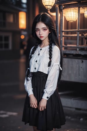 A raw photo of girl, masterpiece, ultra high res, ultra high quality, detailed face, detailed eyes, soft light, 1girl, (a girl standing at outdoor. Night), (cropped arms), (face focus), (red eyes:1.3), (black hair:1.3), (double braids hair), (Beauitful face. cute. innocent), (modest clothing), (focus on viewer. Front view. From below), dark shoot, muted color, low key, dark tone, ultra high quality, ultra high resolution, detailed background, 8k