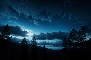 Masterpiece, ultra high res, ultra high quality, from below, sky background, forest landscape, beautiful cloud, night, blue vibes, ultra detailed, dramatic lighting, ultra realistic, ultra detailed, aesthetic, 8k