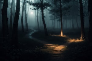 Masterpiece, ultra high res, ultra high quality, soft light, a photo of landscape no human, night forest, fog, particles, dark, ultra detailed, dramatic lighting, ultra realistic, ultra detailed, low key, dark tone, aesthetic, 8k
