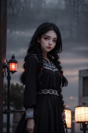 A raw photo of girl, masterpiece, ultra high res, ultra high quality, detailed face, detailed eyes, soft light, 1girl, (a girl standing at outdoor. Night), (close up), (face focus), (red eyes:1.3), (black hair:1.3), (double braids hair), (Beauitful face. cute. innocent), (modest clothing), (focus on viewer. Front view. From below), dark shoot, muted color, low key, dark tone, ultra high quality, ultra high resolution, detailed background, 8k