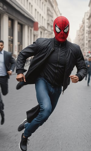 A guy running at street got chase by security office, black jacket, black spiderman, security office behind. Running too, full body, crowded, day, detailed  background, front view, focus on viewer, photo real, ultra detailed, masterpiece, ultra high quality, ultra high resolution, ultra realistic, ultra reflection, ultra lighting, detailed background, dramatic lighting, 8K,HellAI