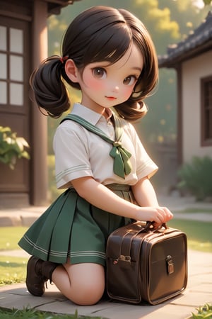 pretty girl, little tween, (village background),(from front), hourglass body shape, beautiful hip, beautiful waist, perfect figure, very young little tween, (8yo to 10yo), clear white skin, sunset, lying down on the floor, small stature, mulan, after school, brown school bag, id card, blushing, cute pose, cute 1920s chinese school uniform, chinese pigtail