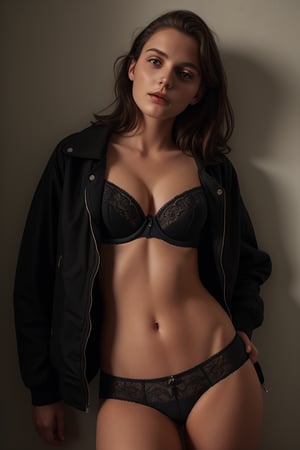 photography of a 20yo woman, masterpiece, bra, underwear, black_bra, jacket, black_panties
,photorealistic,analog,realism