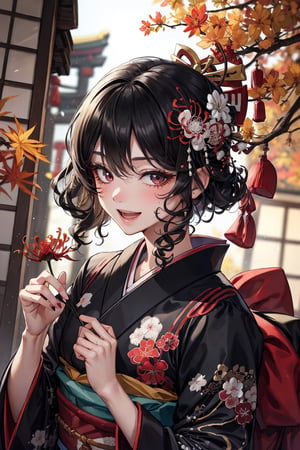 best quality, intricate details, 1 girl, black hair, thick eyeblow:1.3,dark blown eye_shadow,curly eyelash:1.5,glowing blown eyeliner,short curly hair, ((black color japanese traditional kimono)), ((embroidered on kimono)),
happy_smile_face,open mouth:1.4,
autumn,spider lily,