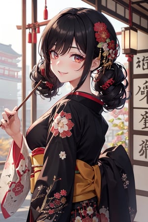 best quality, intricate details, 1 girl, red hair, thick eyeblow:1.4,dark blown eye_shadow,curly eyelash:1.1,glowing eyeliner,short twin tail hair, ((black color japanese traditional embroidery kimono)), ((embroidered on kimono)),,
happy_smile_face,midium breast,portrat,autumn flowers