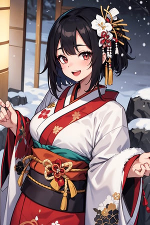 best quality, intricate details, 1 girl, black hair, thick eyeblow:1.4,dark ,long eyelash:1.6,fore head,short hair,((black color japanese traditional embroidery kimono)), ((embroidered on kimono)),curvy body,
t,winter,blash,portrait,Sexy woman,looking at viewer with smile,happy,open mouth:1.4,nighit,snow,Rock and roll,