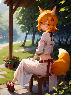 masterpiece, best quality, highly detailed, sen, animal ears, fox ears, smile, full body, from behind, sitting, fox girl, fox tail, hair flower, hair ornament, orange eyes, orange hair, short hair, tail, blush, looking at viewer, petite, girl, upper body,sen, animal ears, fox ears, fox girl, fox tail, hair flower, hair ornament, orange eyes, orange hair, short hair, tail, outdoors, small breasts, midriff, detailed hands
