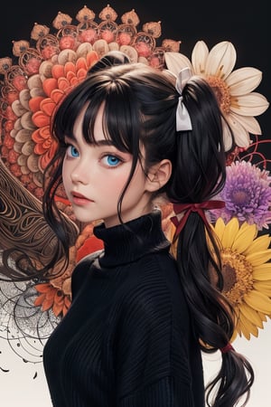 1girl, tohsaka rin, solo, long hair, sweater, red sweater, looking at viewer, (abstract background:1.3), (colorful:1.3), (flowers:1.2), (zentangle:1.2), (fractal art:1.1), black hair, two side up, turtleneck, blue eyes, lips, closed mouth, ribbon, hair ribbon, bangs, turtleneck sweater, upper body, parted bangs, black ribbon, ribbed sweater, twintails, nose,