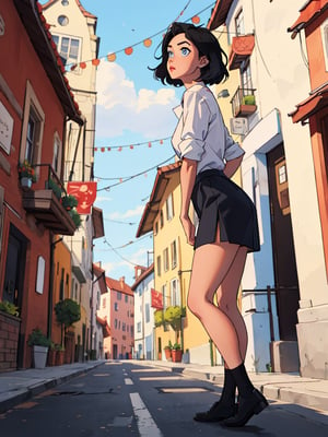 1female, black hair, short_hair, blue eyes,hair_style, different style hair, SAM YANG, short skirt, highres, european street, looking up, low angle