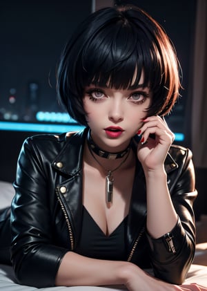 masterpiece, best quality, (detailed background), (beautiful detailed face, beautiful detailed eyes), absurdres, highres, ultra detailed, masterpiece, best quality, detailed eyes, upper body, 1_girl, cyberpunk scene, Tae Takemi, Persona 5 game, blue dark hair, pink lips, punkrock clothes, neck bone, messy bob cut, blunt bangs, brown eyes, red nails polish, short blue dress, black ripped leggings, short black jacket, red grommet belt, choker, midnight, at a bedroom background, sexy pose, erotic pose, alluring pose, mouth open, kinky pose, close-fitting clothing, arms_folded, crossed_legs_(lying), stripping, laying_down, bend_over