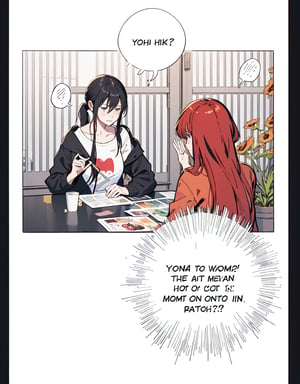 (four panel comic without text), (no text), comic, digital webtoon, | 3 womans, multiple woman, black hair color woman, long hair, red hair color girl, twintail hairstyle, (talking to each other), | hyperealistic shadows, detailed face, | white background, simple background,