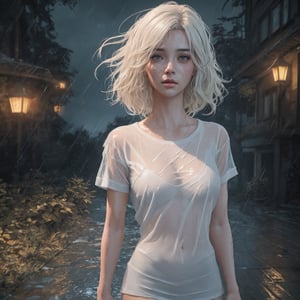 a young cute girl, with platinum blond hair, glamour, wearing a wet see-through white T-shirt, wet skin, Wet hair, night sky, rain, hyperdetailed painting, luminism, art by Carne Griffiths and Wadim Kashin concept art, 4k resolution, fractal isometrics details bioluminescent, 3d render, octane render, intricately detailed, cinematic, trending on art station Isometric Centered hyperrealistic cover photo awesome full color, hand drawn, gritty, realistic mucha, intricate, hit definition, cinematic, Rough sketch, bold lines, on paper