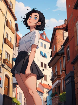 1female, black hair, short_hair, blue eyes,hair_style, different style hair, SAM YANG, short skirt, highres, european street, looking up, low angle