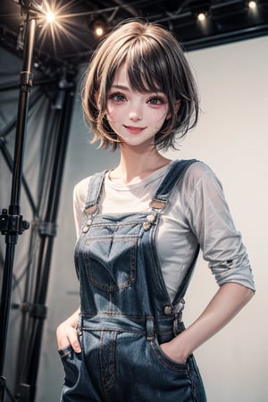 1girl,cute,26 yrs old,short hairs,wearing dungaree,smiling,casual dress,upper body,most beautiful girl,white,one hand in pocket,3d,8k,highly detailed,best quality,high resolution,masterpiece,studio lighting,plain background,studio,cute face,detailed face