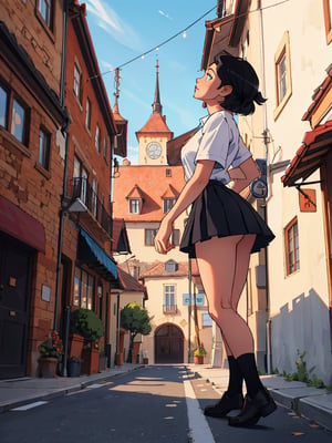 1female, black hair, short_hair, blue eyes,hair_style, different style hair, SAM YANG, short skirt, highres, european street, looking up, low angle