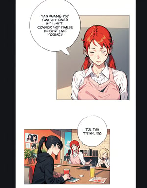 (four panel comic without text), (no text), comic, digital webtoon, | 3 womans, multiple woman, black hair color woman, long hair, red hair color girl, twintail hairstyle, (talking to each other), | hyperealistic shadows, detailed face, | white background, simple background,