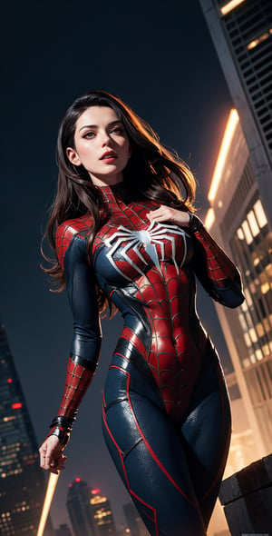 dxhr style mid shot of spiderman, female costume with faceted triangular fractal pattern yellow accents, sleek scifi armor, spider-man knight Armor, Monica belluci, long hair