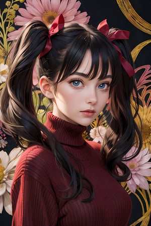 1girl, tohsaka rin, solo, long hair, sweater, red sweater, looking at viewer, (abstract background:1.3), (colorful:1.3), (flowers:1.2), (zentangle:1.2), (fractal art:1.1), black hair, two side up, turtleneck, blue eyes, lips, closed mouth, ribbon, hair ribbon, bangs, turtleneck sweater, upper body, parted bangs, black ribbon, ribbed sweater, twintails, nose,