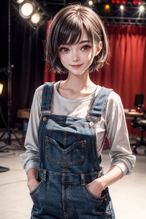 1girl,cute,26 yrs old,short hairs,wearing dungaree,smiling,casual dress,upper body,most beautiful girl,white,one hand in pocket,3d,8k,highly detailed,best quality,high resolution,masterpiece,studio lighting,plain background,studio,cute face,detailed face