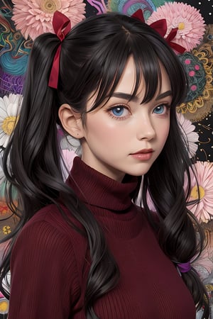 1girl, tohsaka rin, solo, long hair, sweater, red sweater, looking at viewer, (abstract background:1.3), (colorful:1.3), (flowers:1.2), (zentangle:1.2), (fractal art:1.1), black hair, two side up, turtleneck, blue eyes, lips, closed mouth, ribbon, hair ribbon, bangs, turtleneck sweater, upper body, parted bangs, black ribbon, ribbed sweater, twintails, nose,