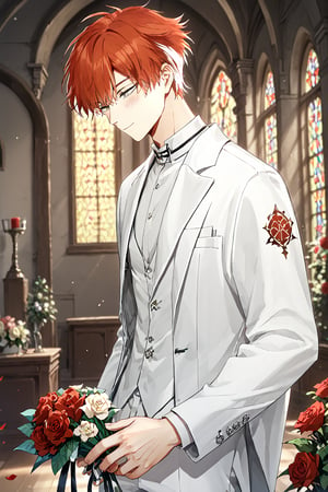 score_9, score_8_up, score_8, score_9, 1boy, male focus, solo, short hair, alma, red hair, white hair,streaked hair, grey eyes, bedroom eyes, closed mouth smile, blushing, standing, wedding, chapel, white suit, roses, flowers, bokeh, depth of field, bouquet,