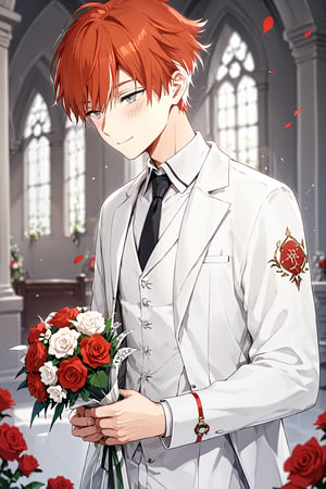 score_9, score_8_up, score_8, score_9, 1boy, male focus, solo, short hair, alma, red hair, white hair,streaked hair, grey eyes, bedroom eyes, closed mouth smile, blushing, standing, wedding, chapel, white suit, roses, flowers, bokeh, depth of field, bouquet,