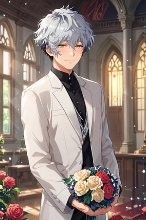 score_9, score_8_up, score_8, score_9, 1boy, male focus, solo, short hair, ichinose ginga, grey hair, black hair,multicolored hair, two-tone hair,yellow eyes, bedroom eyes, closed mouth smile, blushing standing, wedding, chapel, white suit, roses, flowers, bokeh, depth of field, bouquet