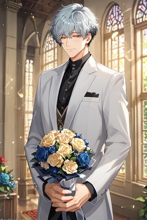 score_9, score_8_up, score_8, score_9, 1boy, male focus, solo, short hair, ichinose ginga, grey hair, black hair,multicolored hair, two-tone hair,yellow eyes, bedroom eyes, closed mouth smile, blushing standing, wedding, chapel, white suit, roses, flowers, bokeh, depth of field, bouquet