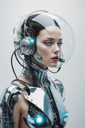portrait Photography, in front of a white wall, an iridescent cyborg astronaut woman, connected by cables and wires and LED, an attractive transparent  plexiglass body punk PLC Robots with plexiglass motor head, with ray guns, 80 degree view, art by Sergio Lopez , Natalie Shau, James Jean and Salvador Dali
,Glass Elements,Cybermask