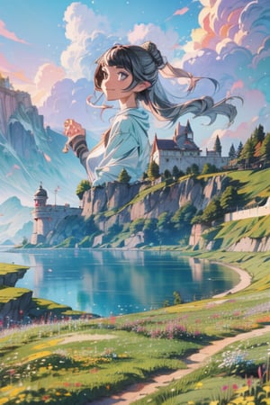 1girl, solo_female, anime girl, (best quality, masterpiece, ultra quality), 10 year old, beautiful figure, detailed face, detailed eyes, perfect lighting, UHD, background detailed, digital art, intricate details, highly detailed, dinamic angle, dinamic light, fantasy background, particles, smile ,kugisaki nobara, black-hair