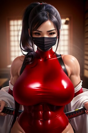 pony_tail, ,big_breasts,black_hair, muscular_body, abs, ,sexy,woman,tigh,protruding, sexy red body suit, high_resolution,katana, mouth mask,dragon