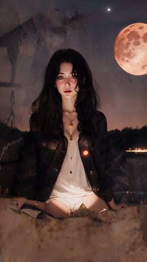 {{masterpiece}}}, {{{best quality}}}, {{{ultra-detailed}}}, {cinematic lighting}, {illustration}, 1girl, tiny breasts, cleavage, nude with a long white 100% transparent simple nightgown, full body, long open legs, spreading arms, outdoor, midnight, full red moon, near a lake, without under clothing, thin golden necklace,