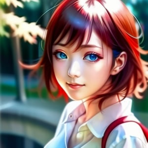 japanese girl, white shirt transparancy with buttons, real face, short hair, super detailled, blue eyes, little smile, red hair, volumetric light, mid-open mouth, sexy pose, in nature, photo like