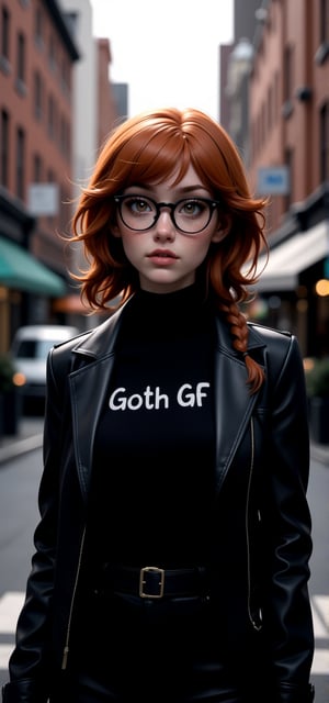 digital render of a confident goth redhead woman with her face full of freckless standing, she have curly messy hair, pale skin tone and she is wearing formal black long shirt under a black leather jacket, (have the text writed "Goth GF" on his shirt), black framed eyeglasses, goth make up, standing in front a big building, city, urban, alley, bokeh, depth of field, astroflux_v101