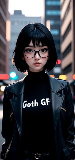 digital render of a confident goth korean black haired woman with some tiny moles in her face, she short straight, pale skin tone and she is wearing formal black long shirt under a black leather jacket, (have the text writed "Goth GF" on his shirt), black framed eyeglasses, goth make up, standing in front a big building, city, urban, alley, bokeh, depth of field, astroflux_v101