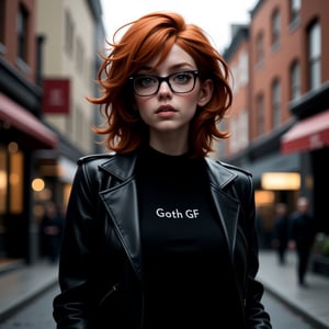 digital render of a redhead woman with her face full of freckless standing, she have curly messy hair, pale skin tone and she is wearing formal black long shirt under a black leather jacket, (have the text writed "Goth GF" on his shirt), black framed eyeglasses, goth make up, standing in front a big building, city, urban, alley, bokeh, depth of field, astroflux_v101